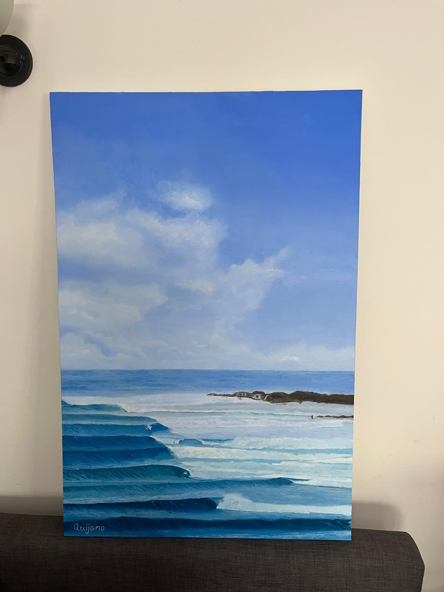 Ocean waves at dusk, painted in oil